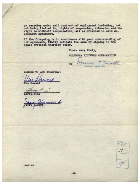 The Three Stooges Signed Agreement With Columbia From 1945, Including Curly's Signature